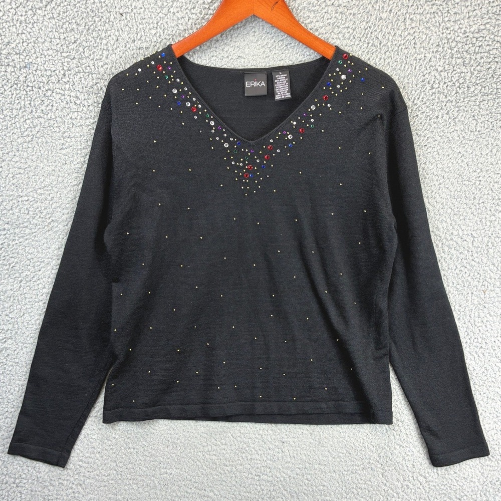 Erika Rhinestone Beaded V-Neck Sweater Womens L Black Sparkle Holiday Party Knit